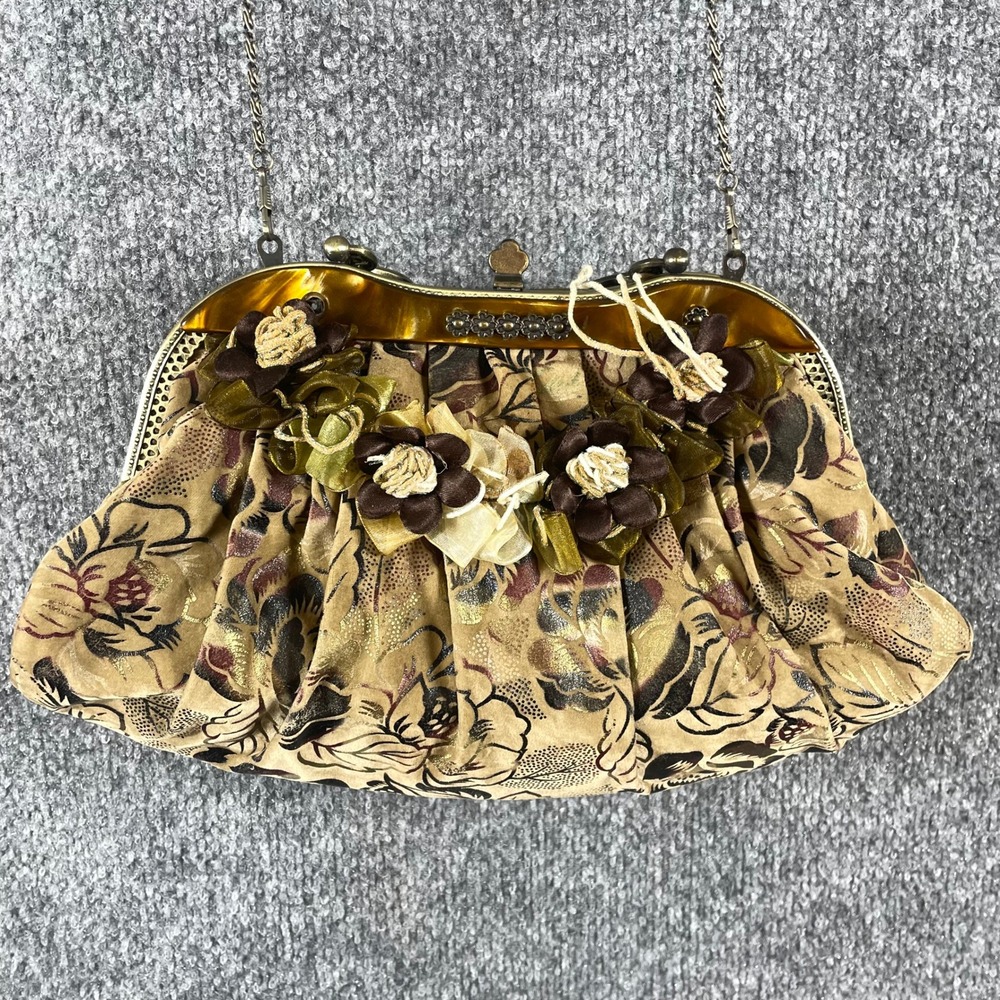 Vintage Unbranded Evening Bag Womens Small Chain Floral Brocade Ribbon Flowers
